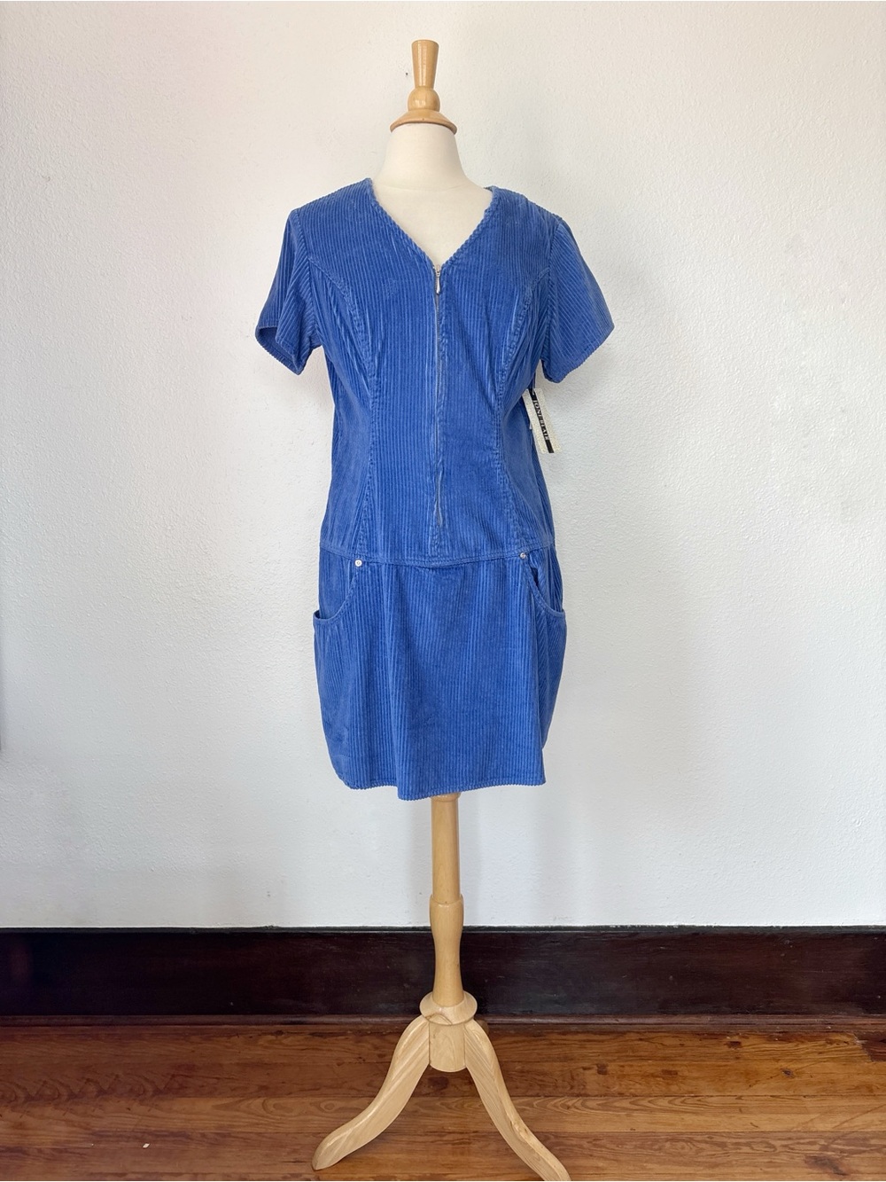 Vintage 80s Deadstock Blue Corduroy Short Sleeve Zip-Front Dress